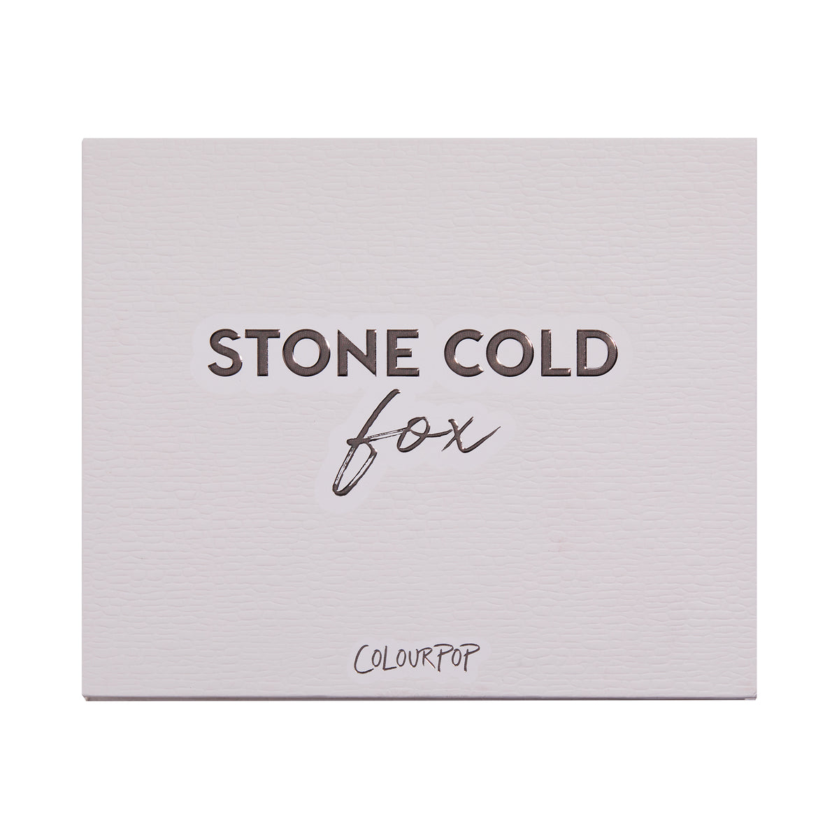 Stone Cold Fox shadow palette shown closed, featuring embossed “STONE COLD fox” lettering on a pale taupe faux-leather cover with ColourPop logo, studio-lit on a white background; a sleek neutral ColourPop Shadow Palette packaging shot.