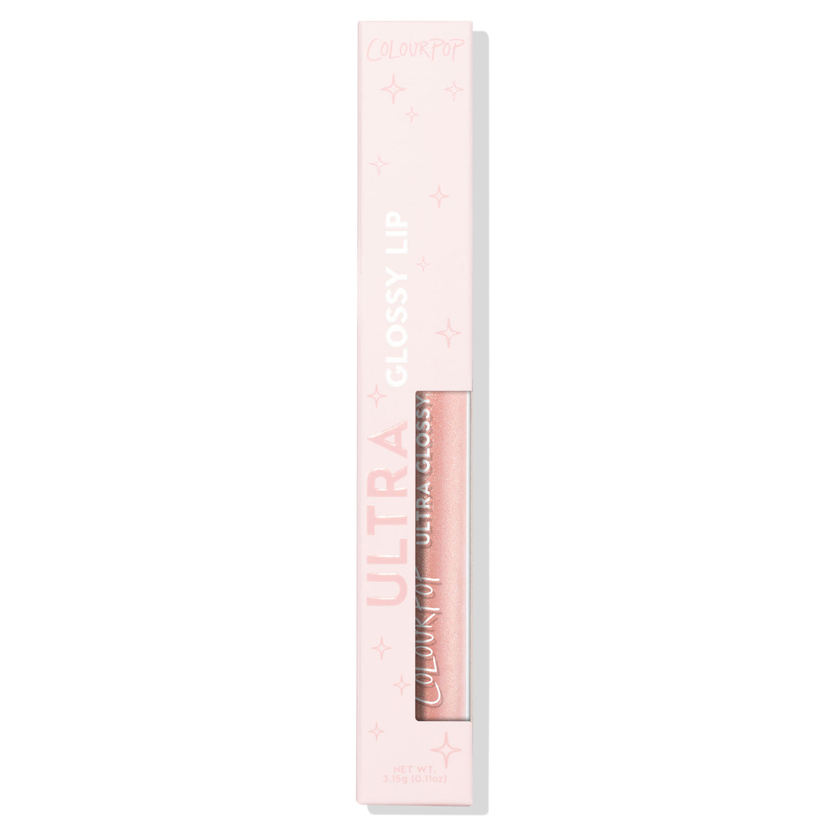 ColourPop Ultra Glossy Lip in Sugar Cookie stands upright in its pastel pink star-print box, the clear window revealing a shimmery nude-pink gloss tube with white logo, 3.15 g, on a clean white background.