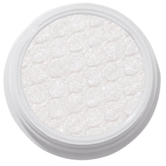 ColourPop Super Shock Shadow Tassel, a shimmering icy white cream-to-powder eyeshadow catching light across its quilt-textured pan inside a white round pot, shown in a crisp studio close-up on a white background.