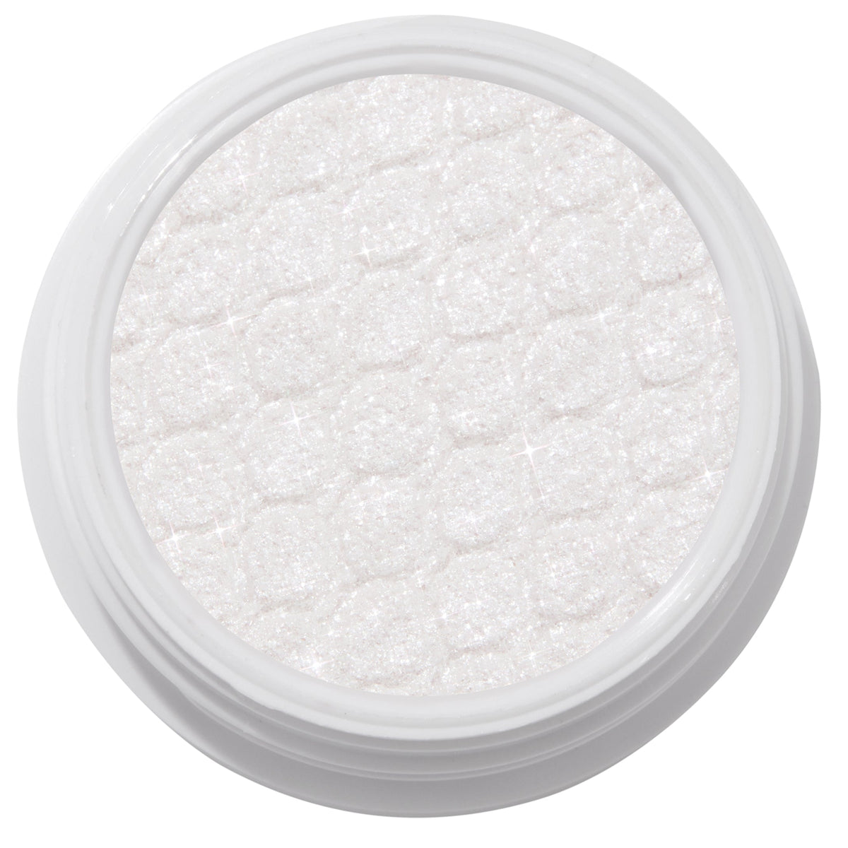 ColourPop Super Shock Shadow Tassel, a shimmering icy white cream-to-powder eyeshadow catching light across its quilt-textured pan inside a white round pot, shown in a crisp studio close-up on a white background.