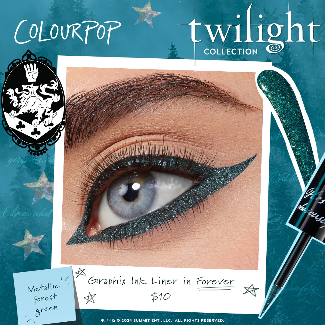 Metallic forest green winged liner defines a close-up eye using ColourPop Graphix Ink Liner in Forever, creating a sharp, sparkly cat-eye from the Twilight Collection, with the brush applicator shown against a teal, starry backdrop.