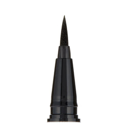 Felt-tip applicator delivering precise black lines, shown as a close-up of the ColourPop BFF Liquid Liner in Numero Uno, with the sharp black tip and glossy black pen housing centered against a clean white background.