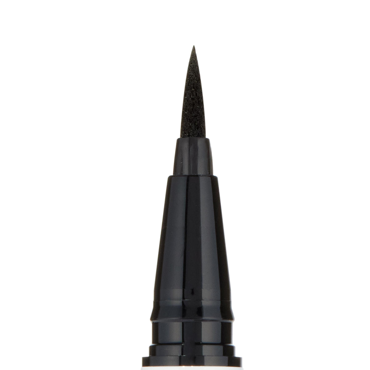 Felt-tip applicator delivering precise black lines, shown as a close-up of the ColourPop BFF Liquid Liner in Numero Uno, with the sharp black tip and glossy black pen housing centered against a clean white background.