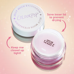 ColourPop Jelly Much Shadow in Billionaire shown open, purple-pink jelly eyeshadow in a clear pot with cap off and inner lid kept to lock in moisture and prevent drying, cap labeled ColourPop beside it on a pastel pink, star-sparkled background.