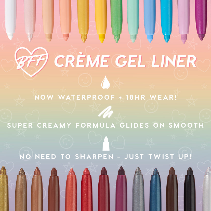 ColourPop Crème Gel Liner in Amethyst Hour showcased among a rainbow lineup of twist‑up pencils, highlighting waterproof 18‑hour wear and super‑creamy glide on a pastel gradient backdrop.
